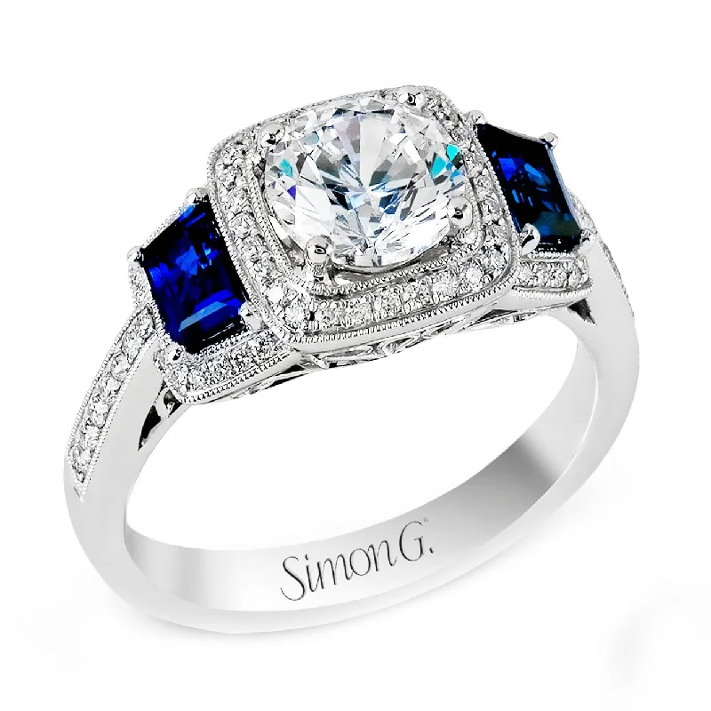 women’s rings with diamond halos and sapphires-Round-Cut Three-Stone Halo Engagement Ring In 18k Gold With Diamonds & Sapphires