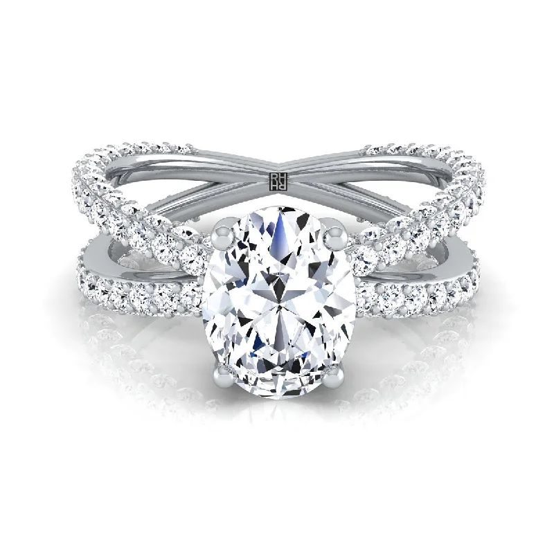 women’s engagement rings with square diamonds-Platinum Oval Open Diamond Pave Criss Cross Engagement Ring -1-1/3ctw