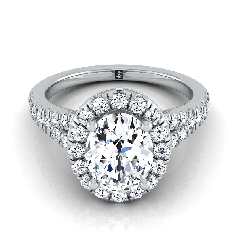 women’s rings with vintage diamond settings-Platinum Oval Diamond Simple Prong Halo with Petite Split Shank Pave Engagement Ring -1/2ctw