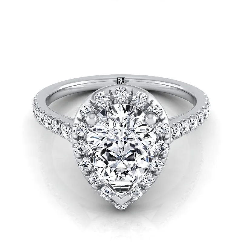 engagement rings with large diamonds for men-Platinum Pear Shape Center Classic French Pave Halo and Linear Engagement Ring -3/8ctw