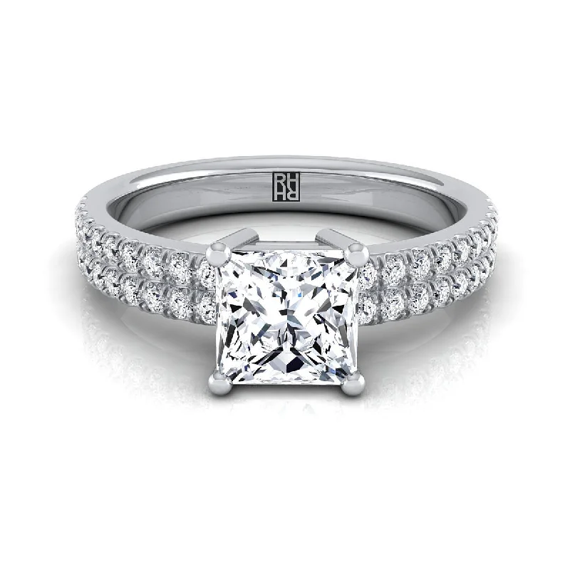 women’s engagement rings with emerald-cut diamonds and sapphires-Platinum Princess Cut Diamond Double Pave Row Engagement Ring -1/4ctw