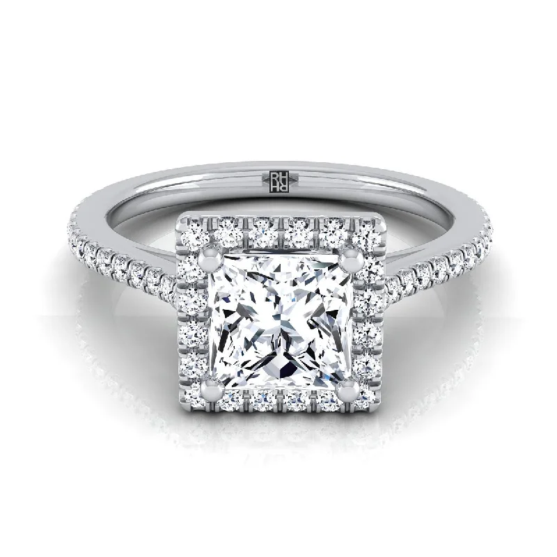 engagement rings with diamond pave settings for men-Platinum Princess Cut Classic French Pave Halo and Linear Engagement Ring -1/4ctw