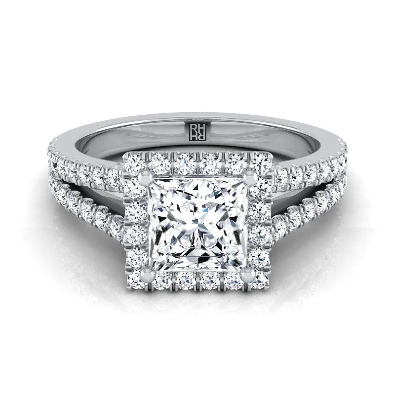 diamond rings with halo settings for women-Platinum Princess Cut Diamond Halo Center with French Pave Split Shank Engagement Ring -3/8ctw