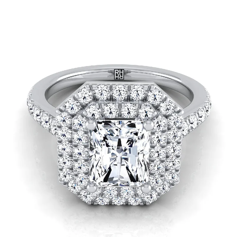 engagement rings with diamond pave settings for men-Platinum Radiant Cut Center Double Pave Halo with Linear Diamond Engagement Ring -7/8ctw