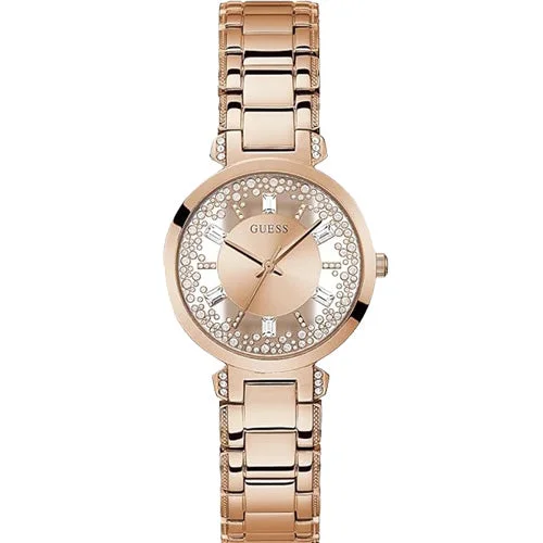 solar-powered watches for men with classic and eco-friendly designs-Guess Crystal Clear Rose Gold Dial Women 32mm GW0470L3