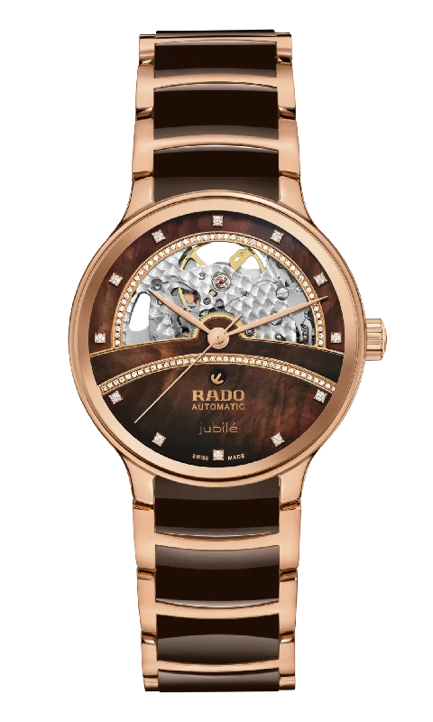 watches for men with date and time zone functionality-Rado Centrix Automatic Diamonds Open Heart Brown & Rose Gold Dial Women 35MM