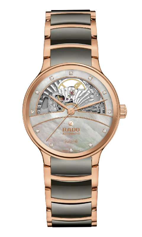 fitness trackers with heart rate monitoring and sleep tracking for women-Rado Centrix Automatic Diamonds Open Heart Rose Gold & Silver Dial Women 35MM