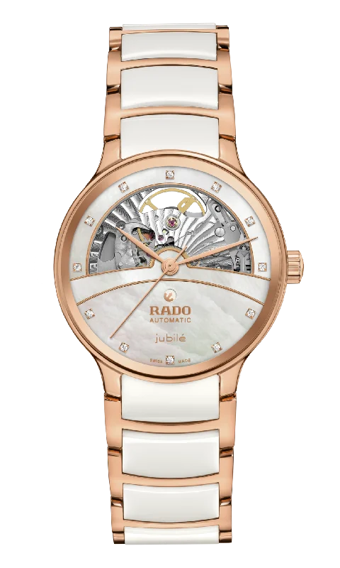 men’s watches with automatic movement and luxury appeal-Rado Centrix Automatic Diamonds Open Heart Rose Gold & White Dial Women 35MM