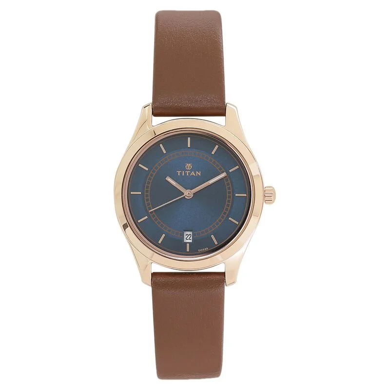 solar-powered watches with retro design and eco-conscious materials-Titan Workwear Blue Dial Analog With Date Leather Strap Watch For Women