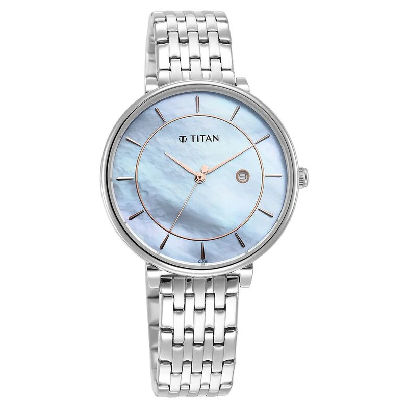 best watches for business professionals with sleek designs-Titan Workwear Blue Dial Analog With Date Stainless Steel Strap Watch For Women