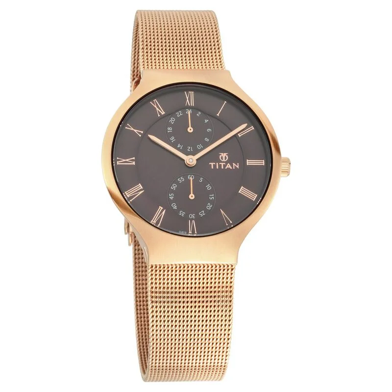 best hybrid smartwatches with fitness and productivity features-Titan Workwear Brown Dial Women Watch With Metal Strap