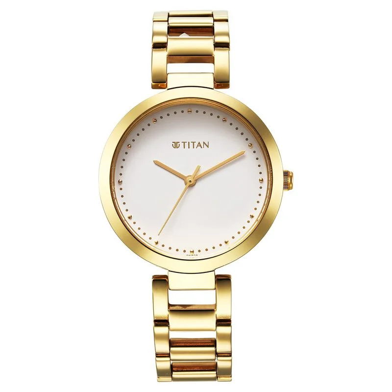 best smartwatches for kids with safety tracking features-Titan Workwear Quartz Analog White Dial Golden Stainless Steel Strap Watch For Women