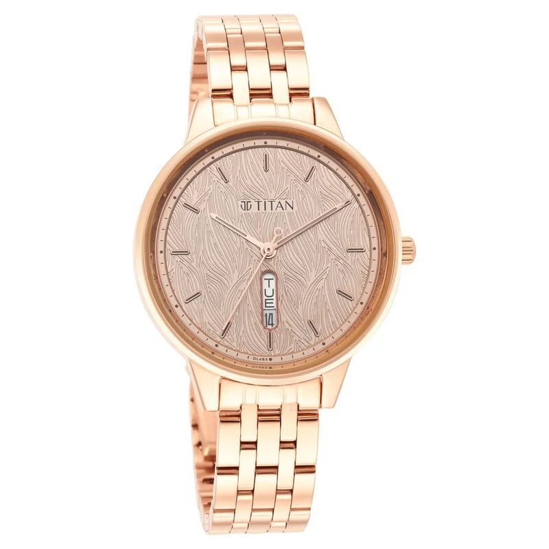 affordable men’s watches with stylish metal bands-Titan Workwear Quartz Analog With Day And Date Rose Gold Dial Stainless Steel Strap Watch For Women