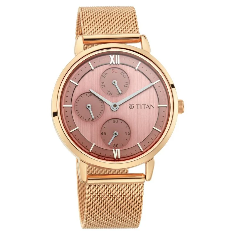 men’s watches with rubber strap for comfortable wear-Titan Workwear Rose Gold Dial Quartz Multifunction Metal Strap Watch For Women