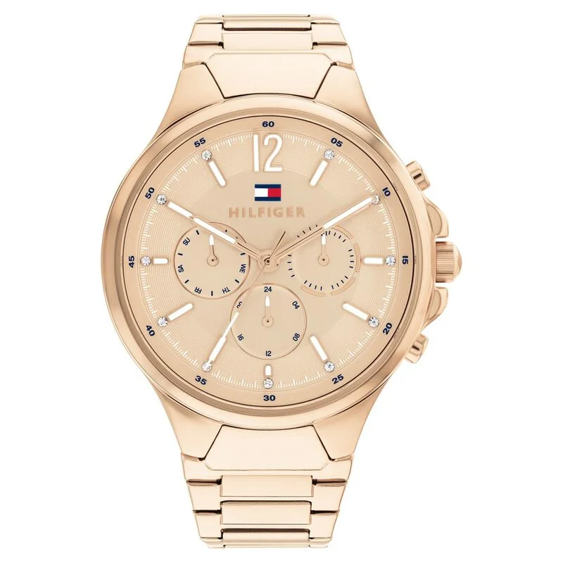 watches for women with date and day function for convenience-Tommy Hilfiger Gold Dial Golden Stainless Steel Strap Watch For Women