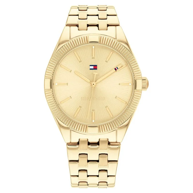 smartwatches with built-in weather forecasts for outdoor lovers-Tommy Hilfiger Quartz Analog Golden Dial Stainless Steel Strap Watch For Women