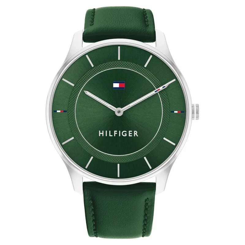 men’s watches with sleek modern design for business wear-Tommy Hilfiger Quartz Analog Green Dial Leather Strap Watch For Women