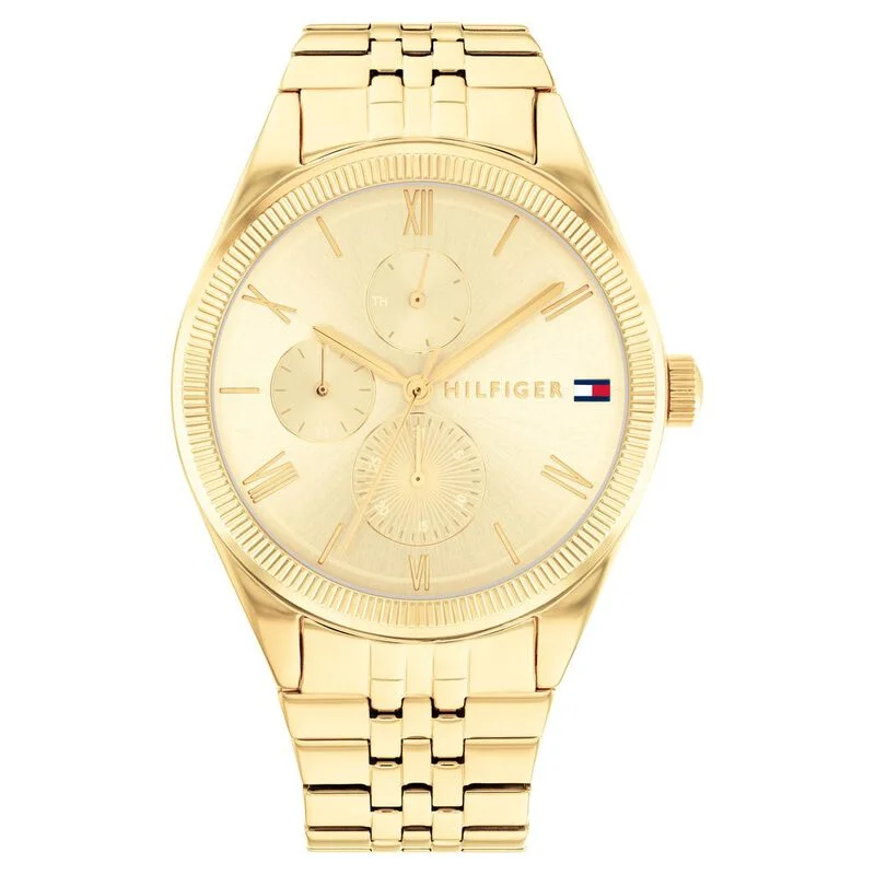 solar-powered watches with scratch-resistant sapphire glass-Tommy Hilfiger Quartz Analog With Date Champagne Dial Stainless Steel Strap Watch For Women