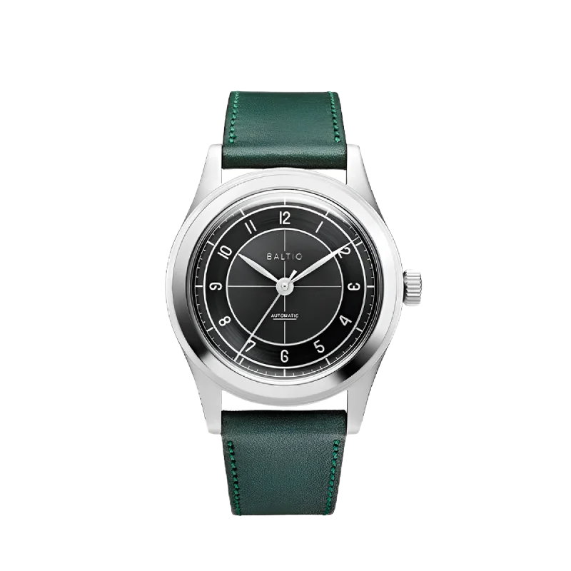 stylish women’s watches with interchangeable metal and leather bands-Baltic HMS 002 Black - Stitched Green Strap