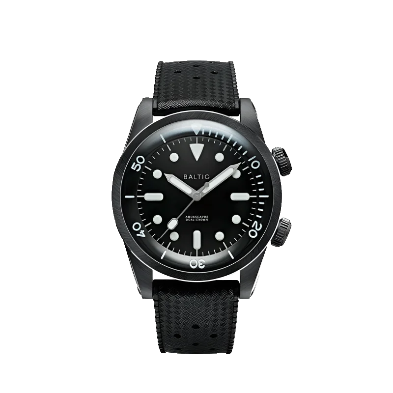 watches with solar power and durable design for eco-conscious users-Baltic Aquascaphe Dual Crown PVD Black - Black Tropic Strap