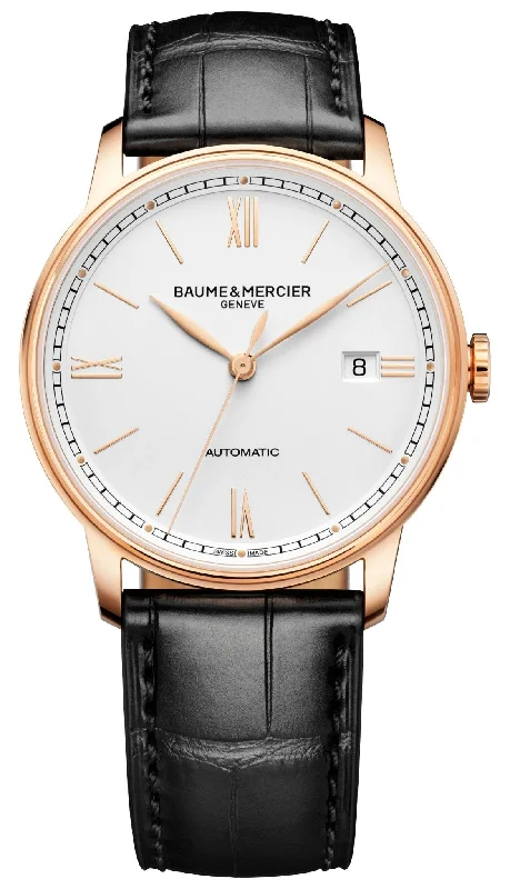 classic watches with mechanical movement for traditional collectors-Baume & Mercier Classima Automatic 18K Pink Gold & Titanium Silver Dial Black Leather Strap Date Mens Watch M0A10597