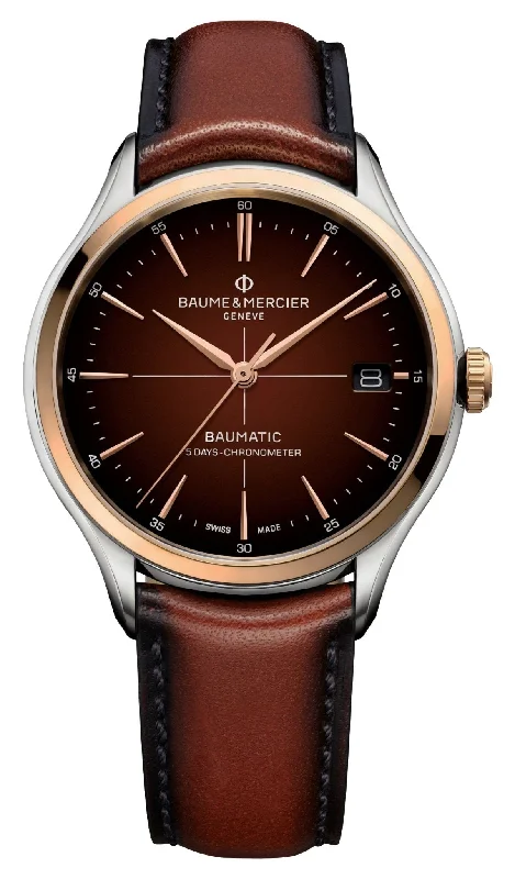 waterproof fitness trackers for active outdoor use-Baume & Mercier Clifton Baumatic COSC Automatic Stainless Steel & Rose Gold Brown Dial Brown Leather Strap Date Mens Watch M0A10713