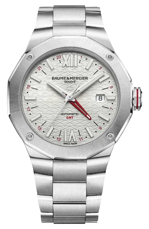 solar-powered watches with minimalist designs for simplicity-Baume & Mercier Riviera Automatic GMT Stainless Steel Silver Dial Date Mens Watch M0A10658