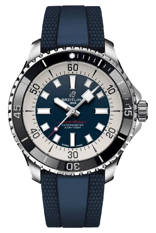 best watches for business professionals with sleek designs-Breitling Superocean Automatic Chronometer Stainless Steel Blue Dial Blue Rubber Strap Divers Mens Watch A17376211C1S1