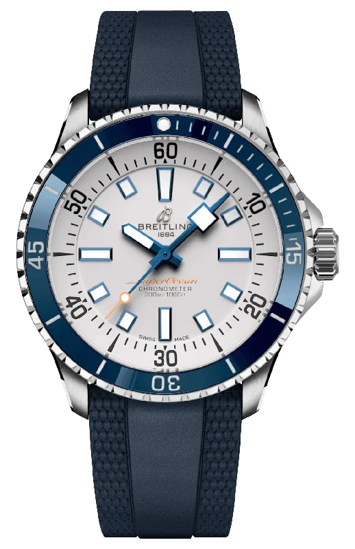 men’s wristwatches with large dials for easy readability-Breitling Superocean Automatic Chronometer Stainless Steel Silver Dial Blue Rubber Strap Divers Mens Watch A17375E71G1S1