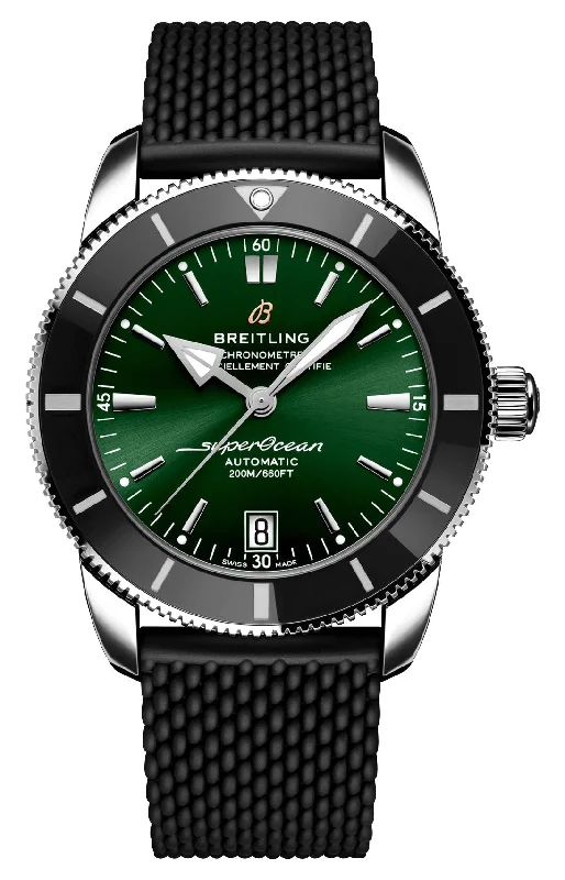 watches for men with date and time zone functionality-Breitling Superocean Heritage Automatic Chronometer Stainless Steel Green Dial Black Rubber Strap Date Divers Mens Watch AB2010121L1S1