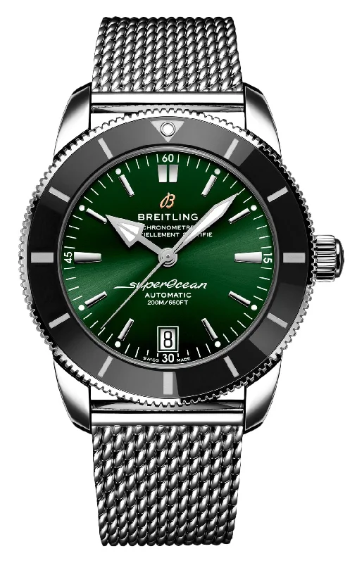 watches with large faces for easy-to-read dials-Breitling Superocean Heritage Automatic Chronometer Stainless Steel Green Dial Date Divers Mens Watch AB2010121L1A1