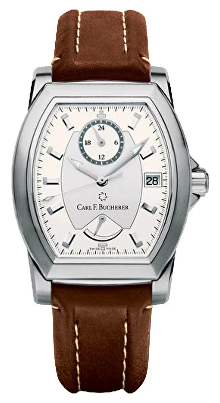 watches with digital and analog display for versatile style-Carl F. Bucherer Patravi T-24 Automatic GMT Stainless Steel Silver Dial Brown Leather Strap Date Power Reserve Mens Watch 00.10612.08.13.01