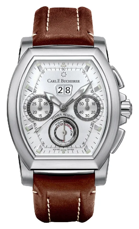 affordable men’s watches with stylish metal bands-Carl F. Bucherer Patravi T-Graph Automatic Chronograph Stainless Steel Silver Dial Brown Leather Strap Date Power Reserve Mens Watch 00.10615.08.13.01