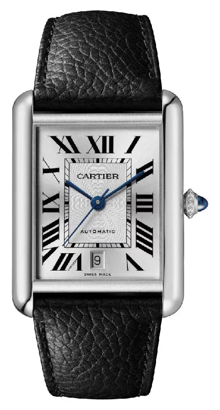 luxury watches for women with ceramic and diamond accents-Cartier Tank Must Extra-Large Automatic Stainless Steel Silver Dial Black Leather Strap Date Mens Watch WSTA0040