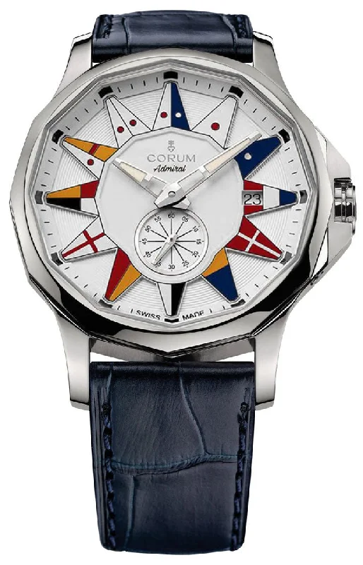 watches for men with waterproof function and shock resistance-Corum Admiral Legend 42 Automatic Stainless Steel White Dial Blue Leather Strap Date Mens Watch 395.101.20/0F03 AA12