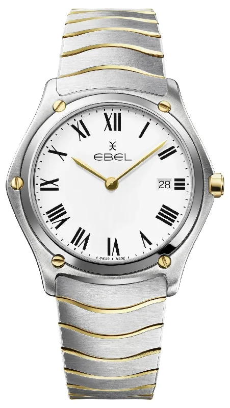 classic men’s wristwatches with leather straps and gold accents-Ebel Sport Classic Stainless Steel & Gold White Dial Date Quartz Mens Watch 1216567