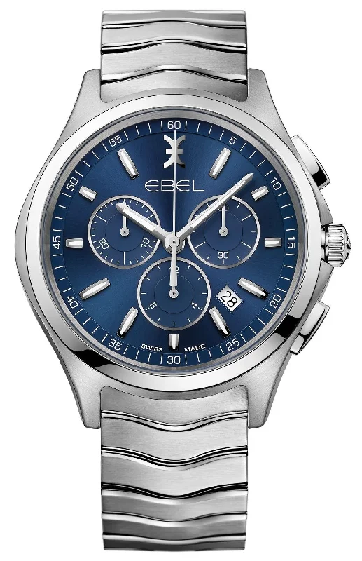 solar-powered watches with retro design and eco-conscious materials-Ebel Wave Chronograph Stainless Steel Blue Dial Date Quartz Mens Watch 1216344