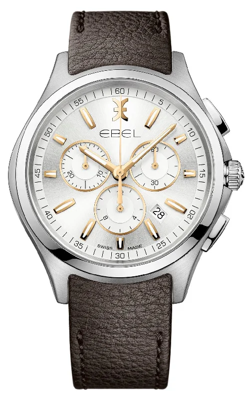 watches with luminous hands and markers for low-light visibility-Ebel Wave Chronograph Stainless Steel Brown Leather Strap Silver Dial Date Quartz Mens Watch 1216341