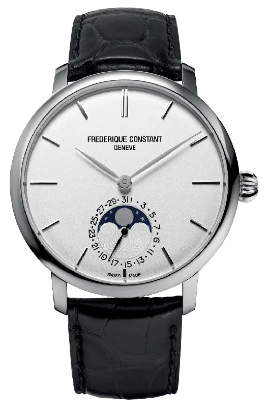 vintage watches with mechanical movement and classic design-Frederique Constant Slimline Moonphase Automatic Stainless Steel Silver Dial Black Leather Strap Date Mens Watch FC-705S4S6