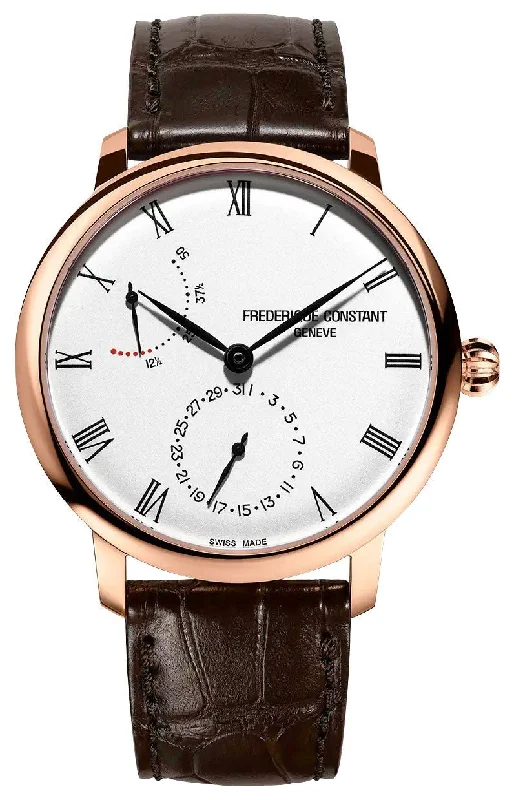 hybrid smartwatches with health tracking and stylish looks-Frederique Constant Slimline Power Reserve Automatic Rose Gold Plated Silver Dial Brown Leather Strap Date Mens Watch FC-723WR3S4