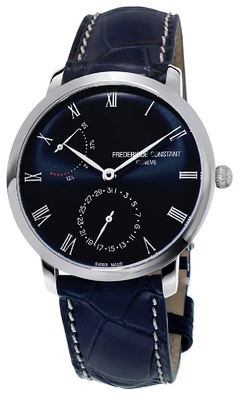 watches with luminous hands and markers for low-light visibility-Frederique Constant Slimline Power Reserve Automatic Stainless Steel Blue Dial Blue Leather Strap Date Mens Watch FC-723NR3S6