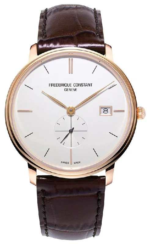 fitness tracking watches with heart rate and blood oxygen monitoring-Frederique Constant Slimline Small Seconds Rose Gold PVD Silver Dial Brown Leather Strap Date Quartz Mens Watch FC-245V5S4