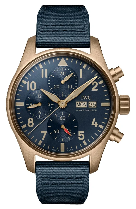 watches with sapphire glass and durable stainless steel cases-IWC Pilot's Automatic Chronograph Bronze Blue Dial Blue Textile Strap Day/Date Mens Watch IW388109