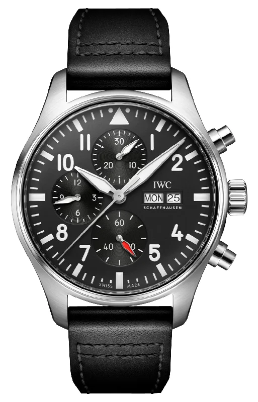 best watches for men with chronograph and date functionality-IWC Pilot's Automatic Chronograph Stainless Steel Black Dial Black Leather Strap Day/Date Mens Watch IW378001