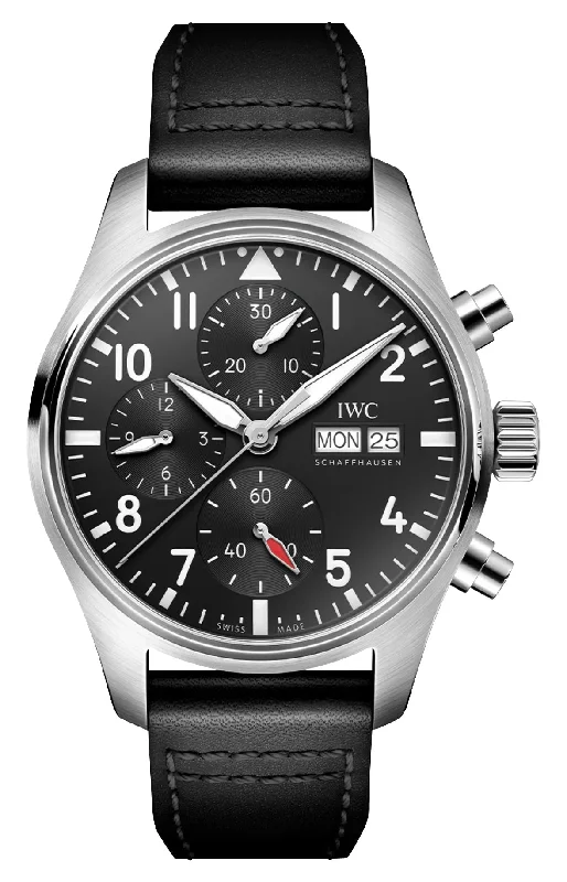 diving watches for men with stainless steel band for durability-IWC Pilot's Automatic Chronograph Stainless Steel Black Dial Black Leather Strap Day/Date Mens Watch IW388111