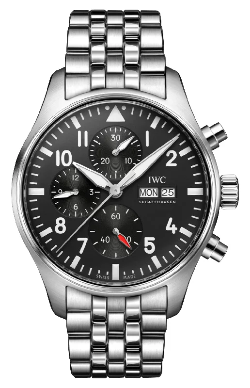 hybrid smartwatches with fitness tracking and stylish aesthetics-IWC Pilot's Automatic Chronograph Stainless Steel Black Dial Day/Date Mens Watch IW378002