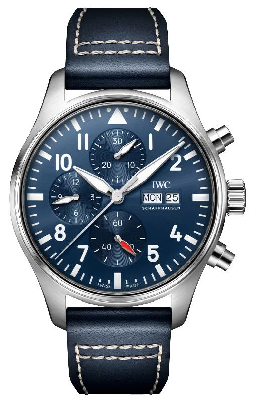 women’s wristwatches with interchangeable bands for fashion-IWC Pilot's Automatic Chronograph Stainless Steel Blue Dial Blue Leather Strap Day/Date Mens Watch IW378003