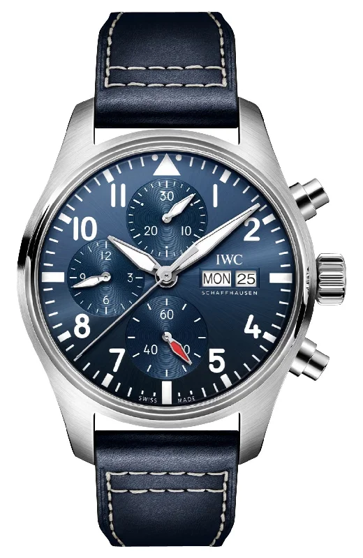 hybrid watches for outdoor enthusiasts with long battery life-IWC Pilot's Automatic Chronograph Stainless Steel Blue Dial Blue Leather Strap Day/Date Mens Watch IW388101