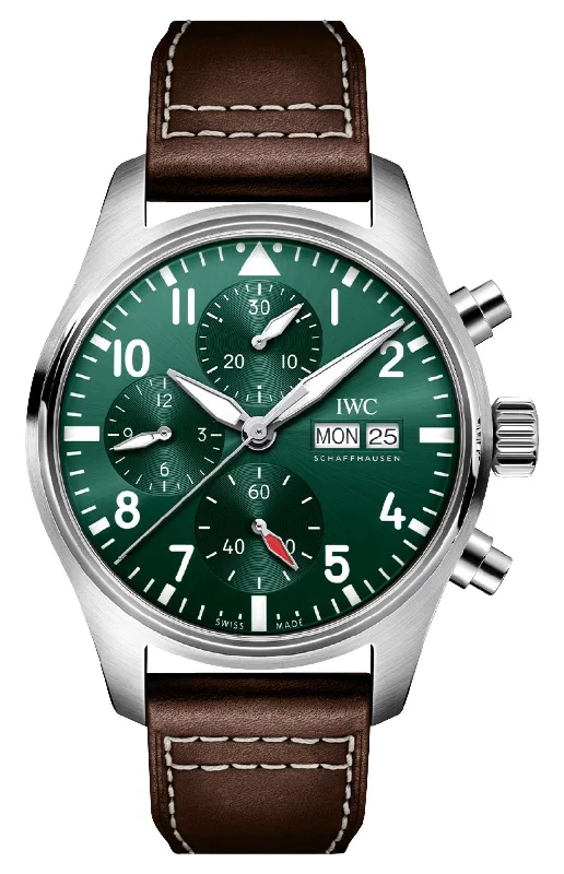 smartwatches with text and call notifications for convenience-IWC Pilot's Automatic Chronograph Stainless Steel Green Dial Brown Leather Strap Day/Date Mens Watch IW388103