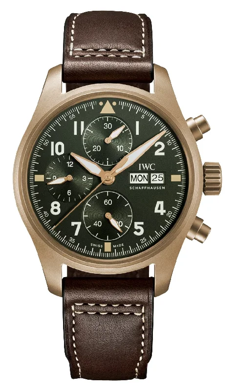 digital watches with multiple time zone settings for travelers-IWC Pilot's Spitfire Automatic Chronograph Bronze Green Dial Brown Leather Strap Day/Date Mens Watch IW387902